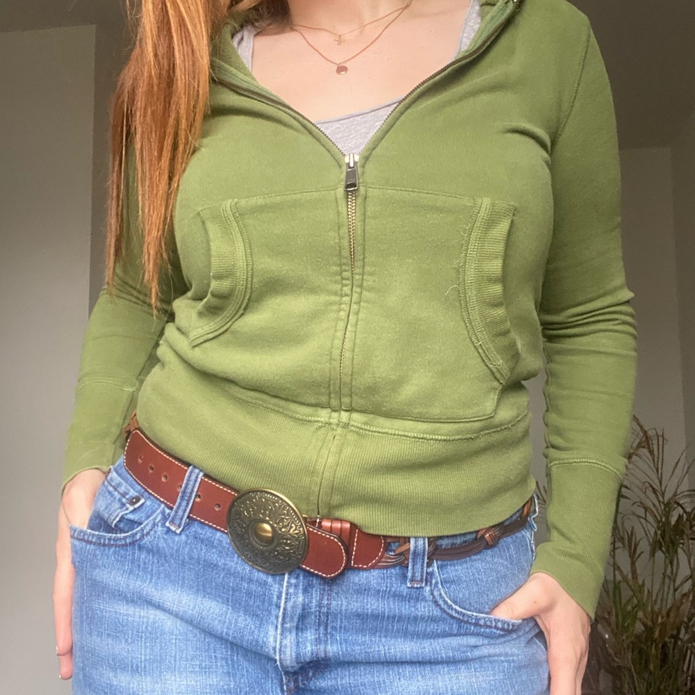 Y2K Distressed Green Tildon Zip Up Sweatshirt, Size Large